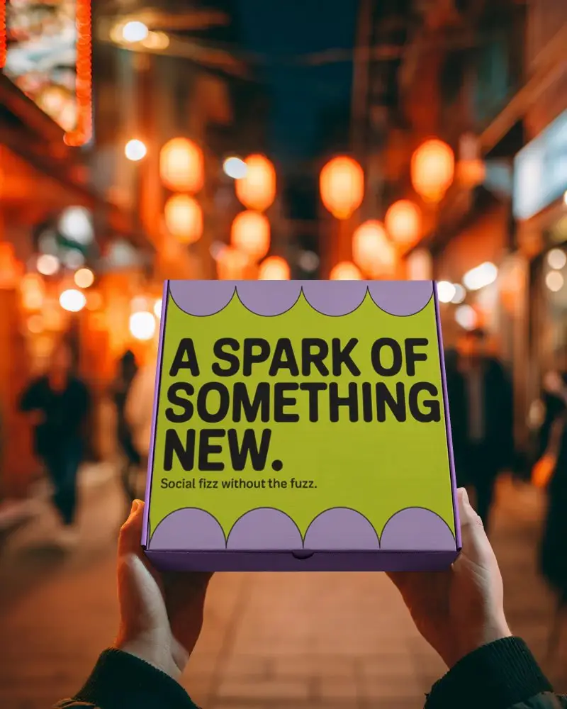 Realistic Empty Cardboard Box Mockup Held By Hands In City Street With Blurred Lights