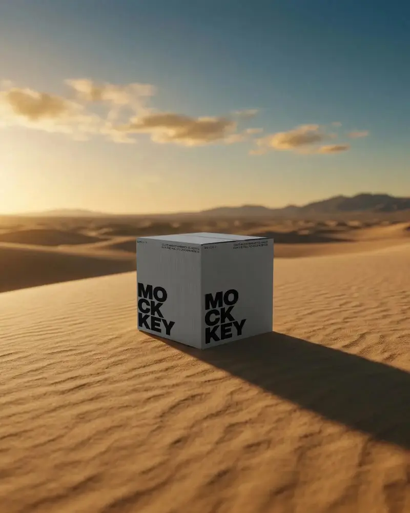 Sleek Product Box Mockup Placed On Sand With Long Shadow And Clear Sky Background