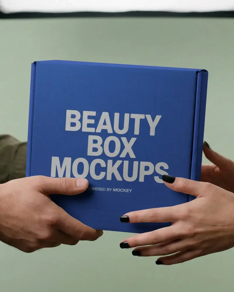 Hands Exchanging Plain Rigid Box Mockup Packaging Delivery Service Unboxing Experience