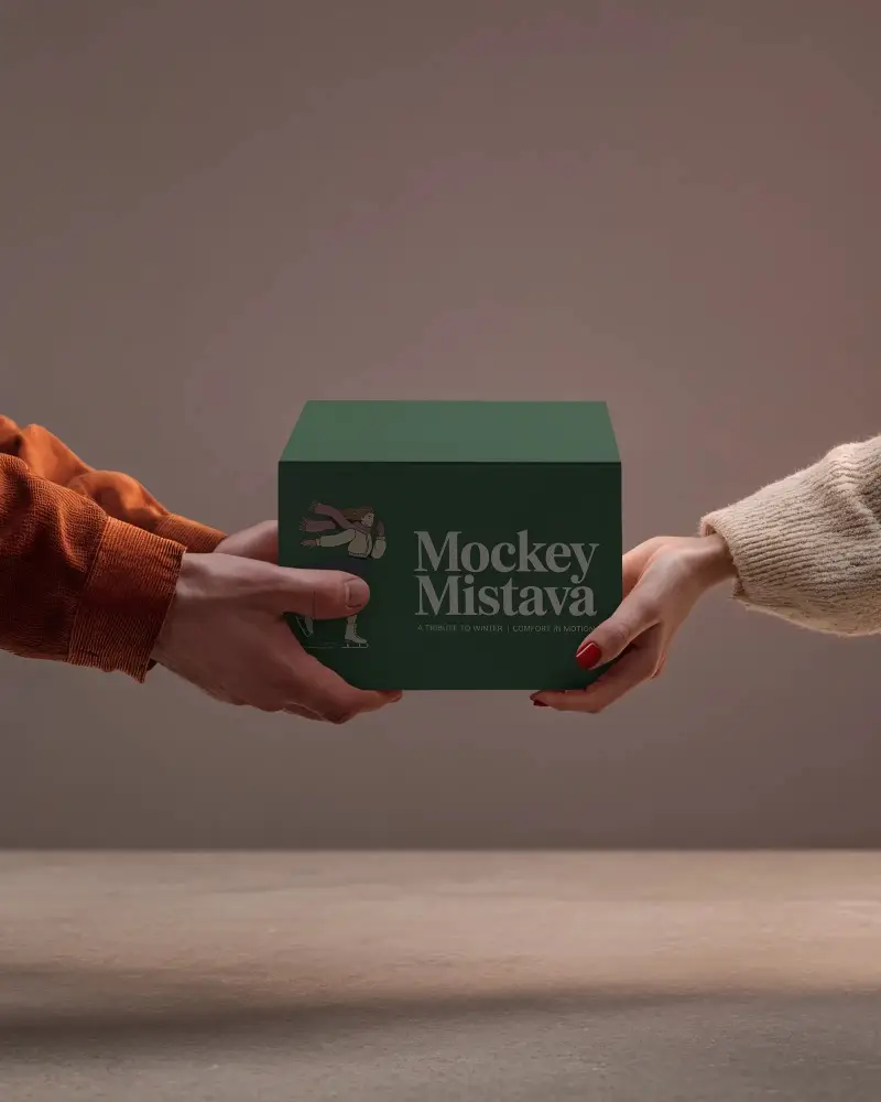 Minimalistic Black Box Mockup Held By Male And Female Hands Over Neutral Background