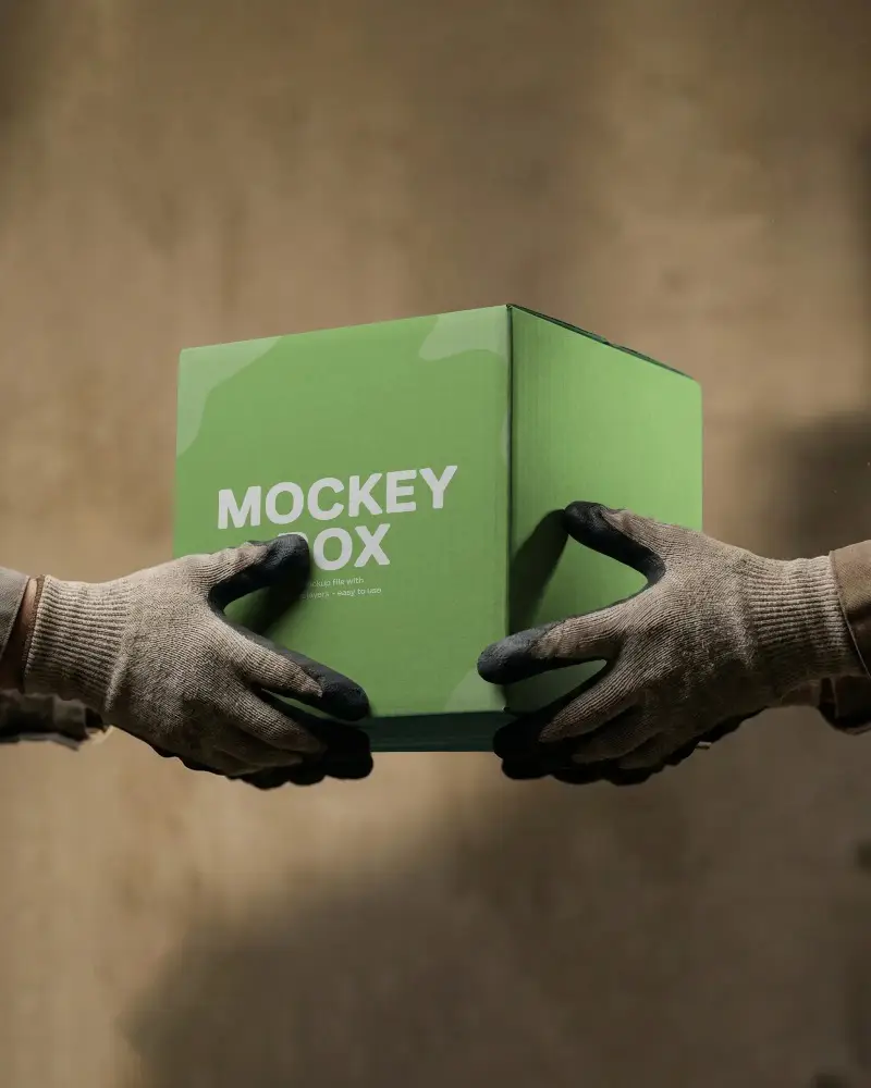 Packaging Safety Concept Hands Passing Tough Cargo Box Mockup With Grip And Control