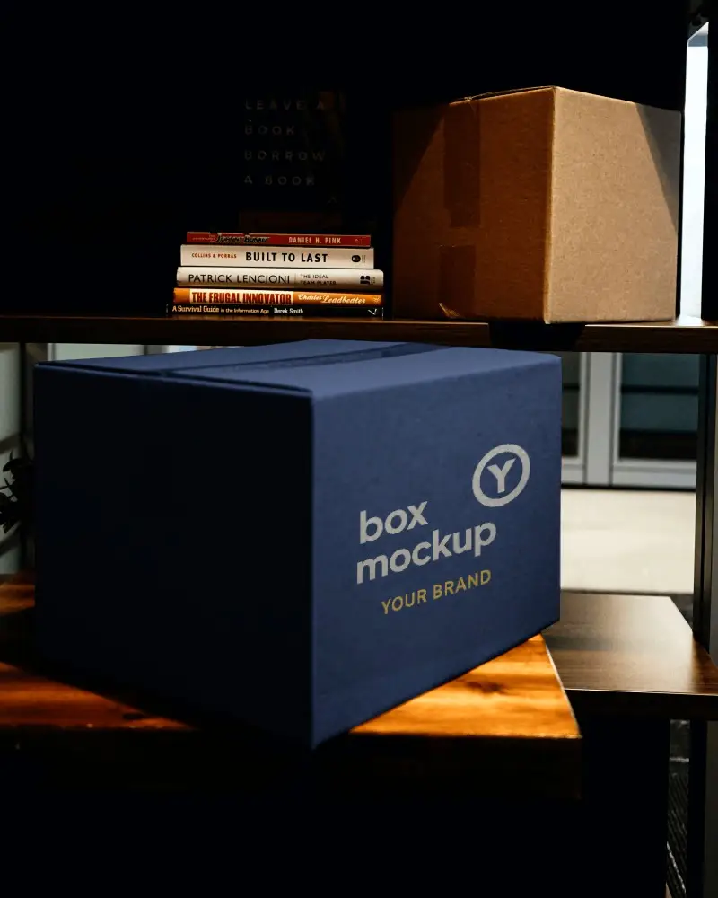 Corrugated Box Mockup Below Book Shelf