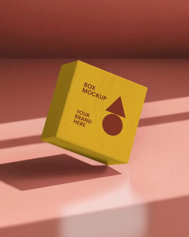 Modern Box Hovering In Spotlight Against Coral Background Geometric Shadow For Bold Product Display