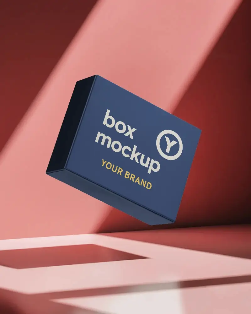 Premium Box Mockup Floating On Rosy Red Background With Soft Light And Shadow