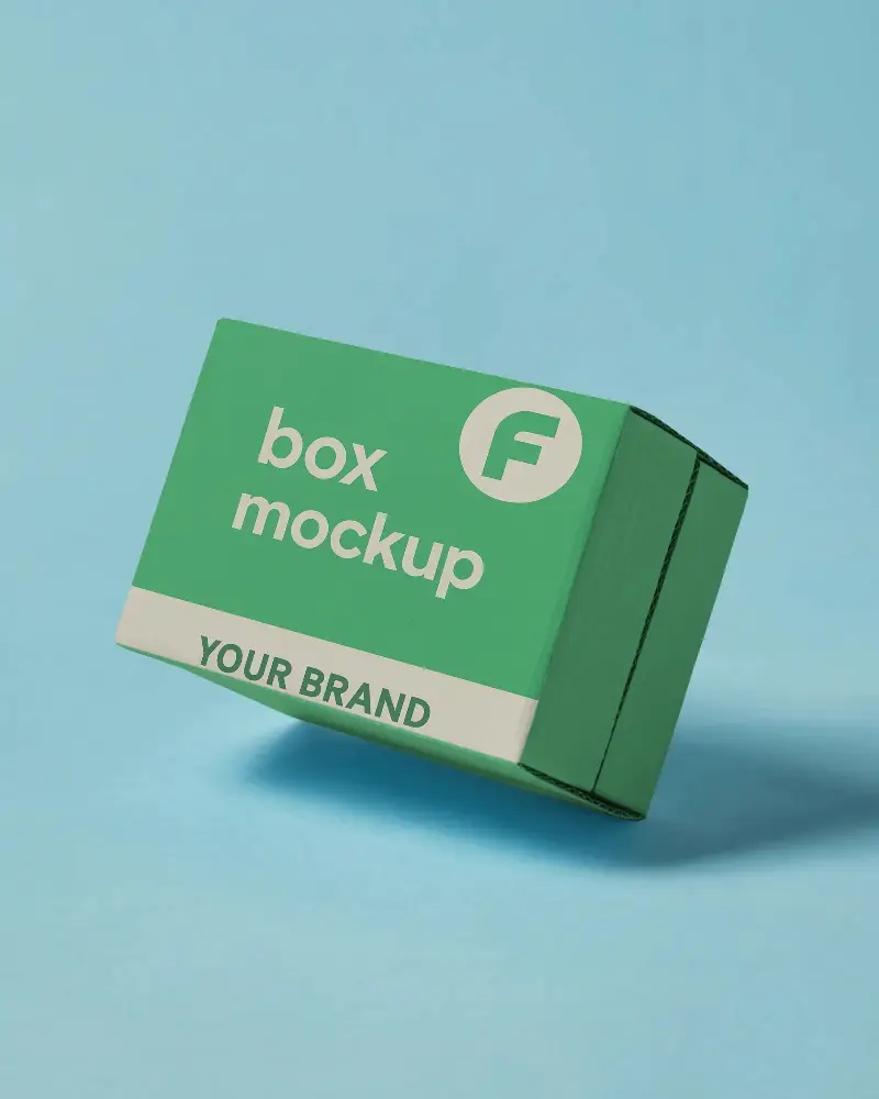 Tilted Cardboard Box Mockup On Blue Floor Modern Mailer Packaging Display