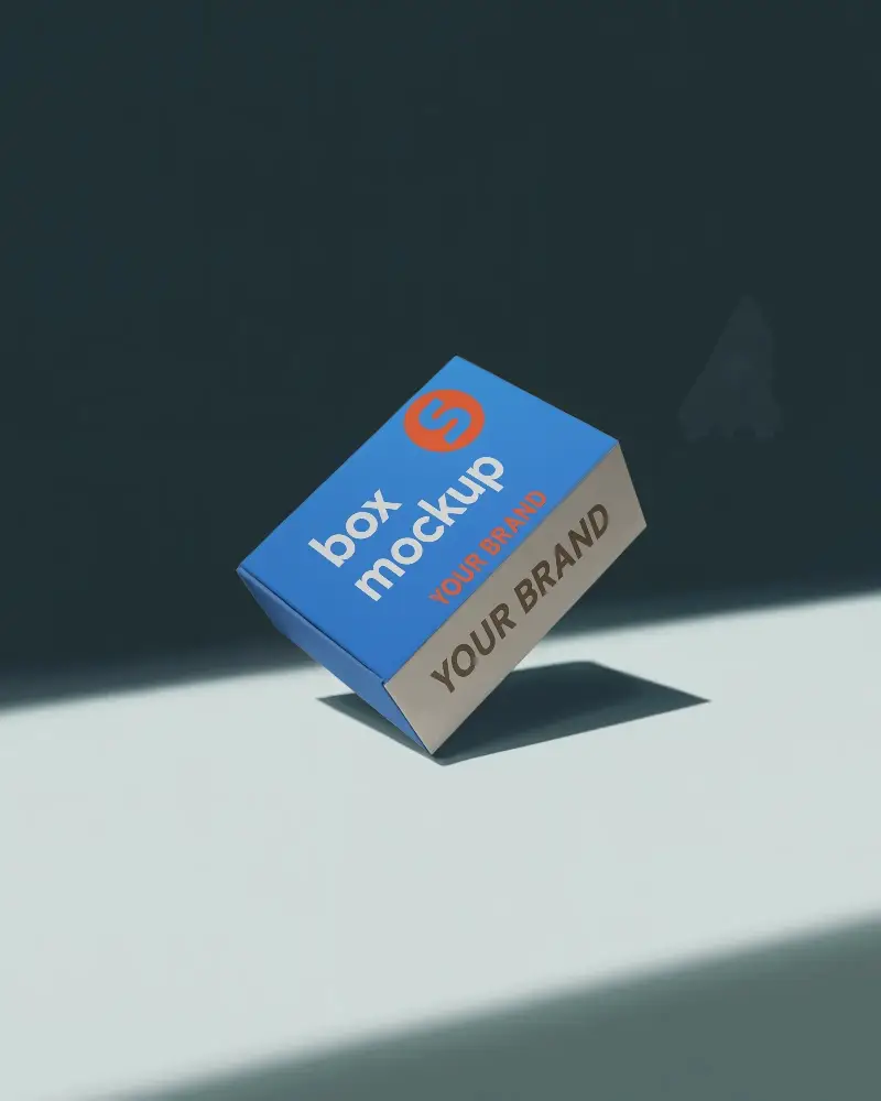 Box Mockup Hovering In Spotlight Over Blue Floor Dark And Moody Background