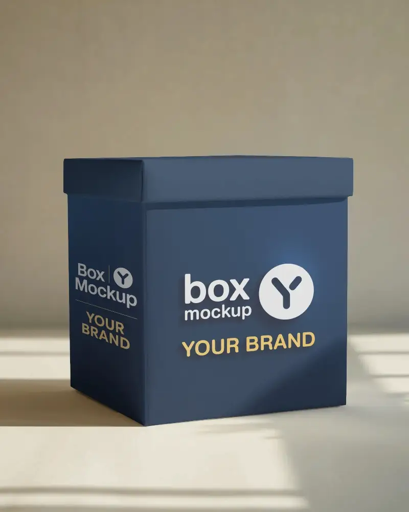 Square Lid Box Mockup Standing On Soft Beige Floor Gentle Daylight Shadows