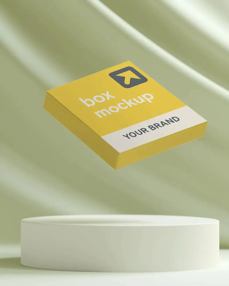 Hovering Box Mockup Over Podium With Sage Drapes Luxury Brand Display