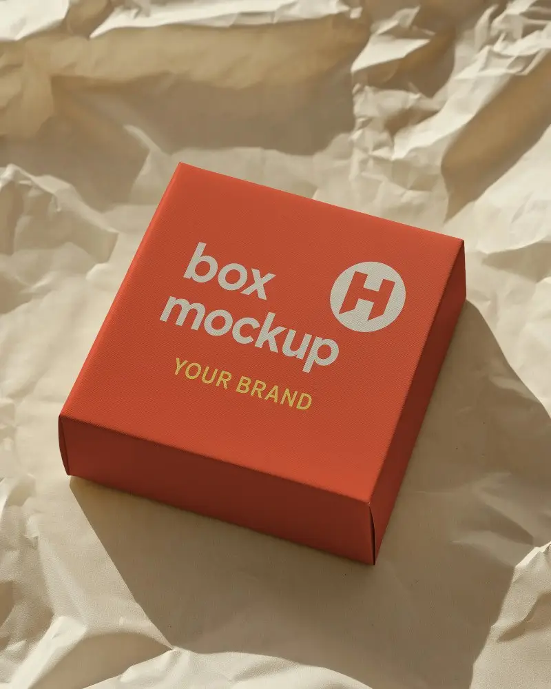 Square Box Mockup On Crumpled Paper Top View Soft Shadows Modern Packaging