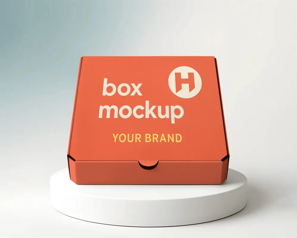 Front Facing Pizza Box Mockup On White Podium Modern Packaging Display Light Gradient Bg