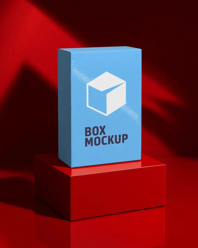 Standing Box Mockup On Glossy Red Podium Dramatic Lighting Bold And Premium Packaging Display