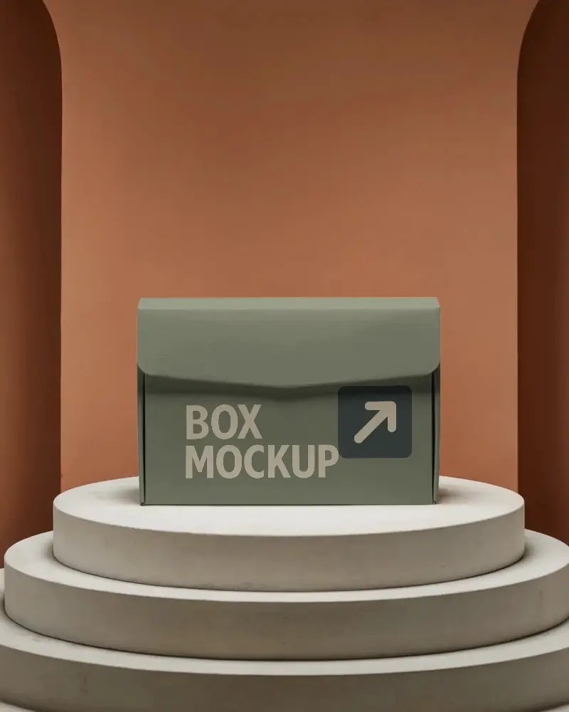 Luxury Envelope Style Box Mockup On Arched Platform Soft Shadowing And Orange Wall Background