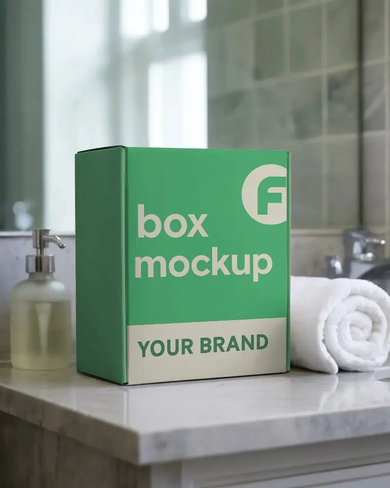 Vertical Box Mockup On Marble Bathroom Counter With Towel And Dispenser Lifestyle Wellness Scene
