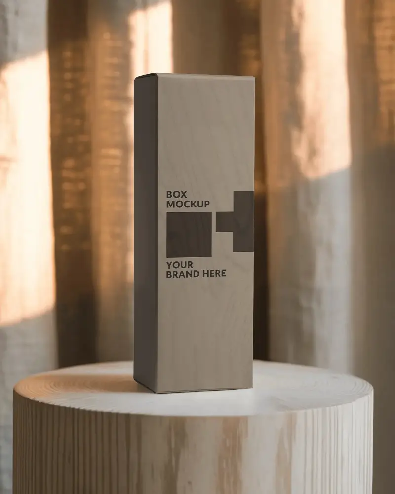 Tall Rectangular Box Mockup On Wooden Podium With Dramatic Curtain Lighting Warm Cozy Interior Vibes