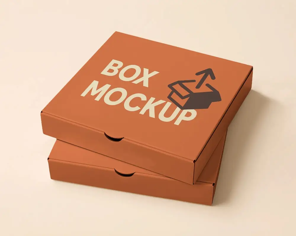 Dual Pizza Box Mockup On Peach Background Perfect For Flat Food Or Mailer Packaging
