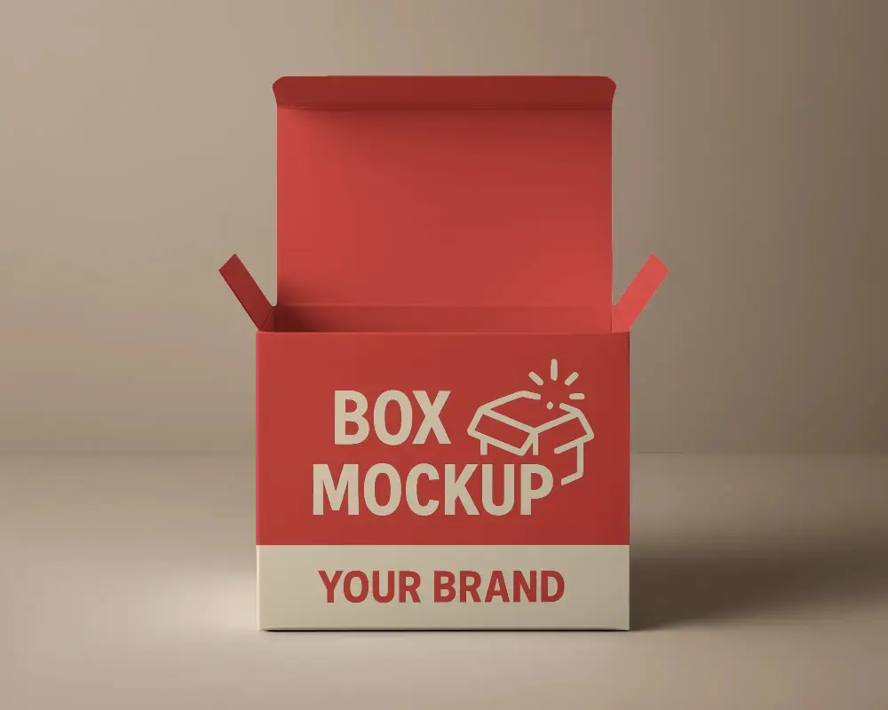 Open Box Mockup On Neutral Backdrop Showing Interior Space And Unboxing Readiness