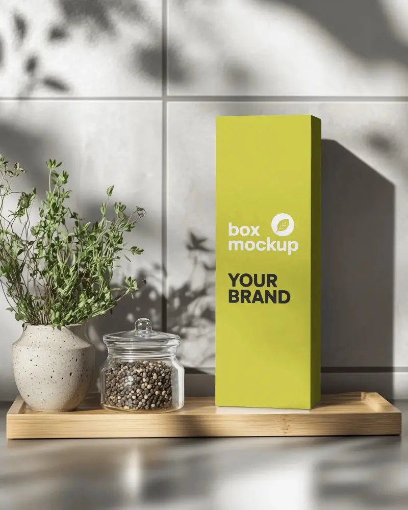 Tall Box Mockup In Kitchen Setting With Plant And Spice Jar Warm Sunlight And Nature Inspired Theme