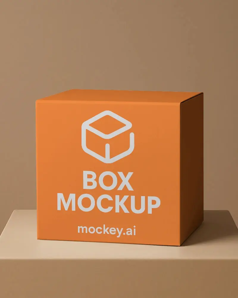 Square Box Mockup On Neutral Beige Podium Suitable For Shipping Or Subscription Brands
