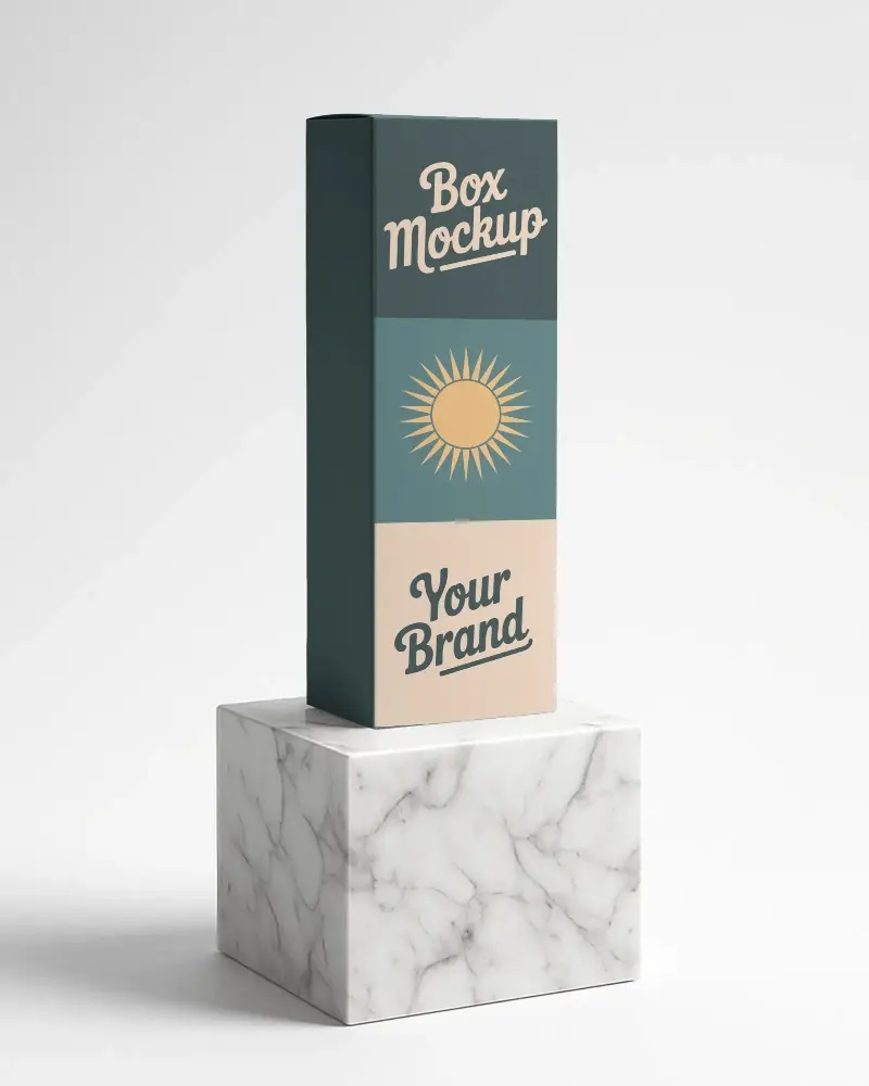 Tall Vertical Box Mockup On White Marble Pedestal Luxury Display Perfect For Cosmetics Or Gifts