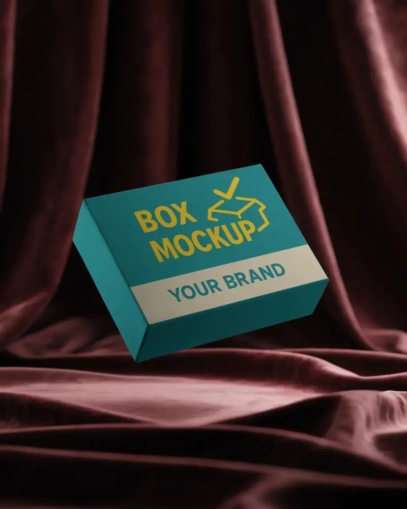 Box Mockup Over Burgundy Velvet Fabric Luxury Mystery Theme With Dramatic Lighting