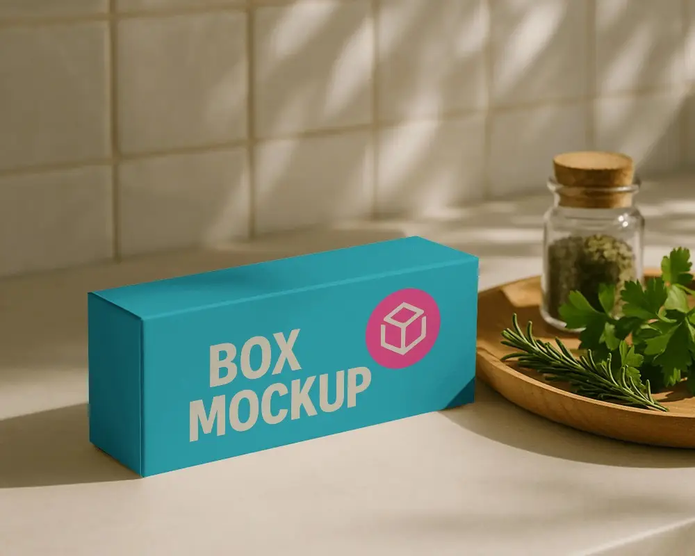 Long Box Mockup On Kitchen Countertop With Herbs And Spices Natural Lighting Lifestyle Scene
