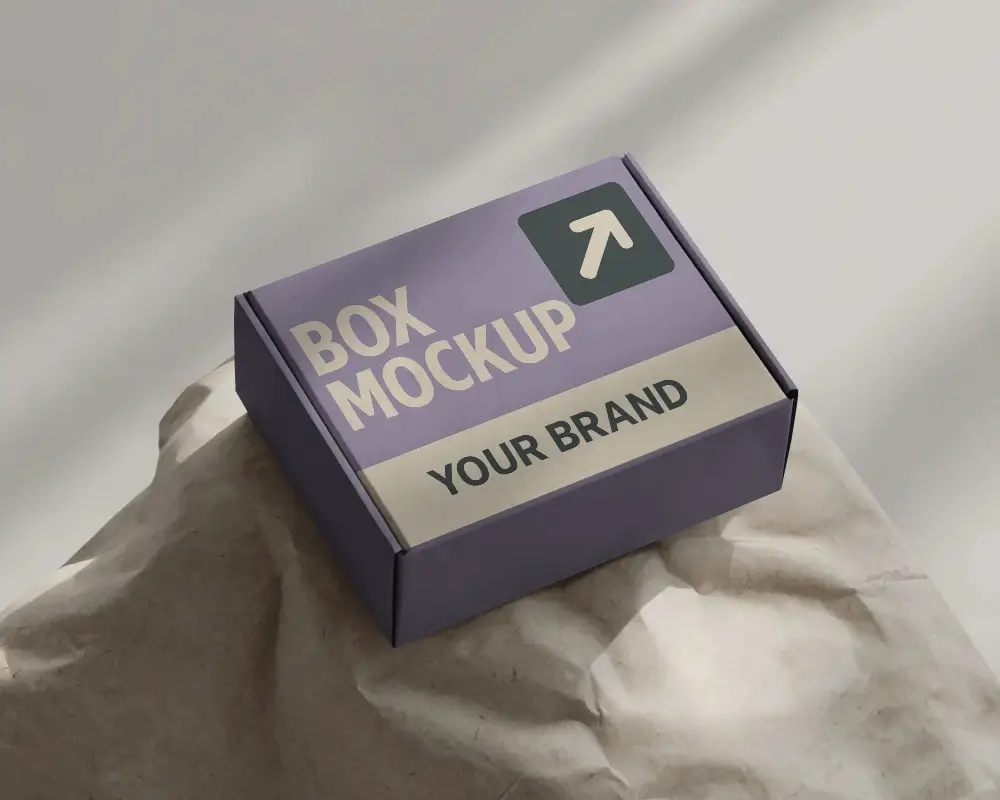 Box Mockup On Wrinkled Paper In Soft Shadows Organic Texture For Rustic Branding Vibe