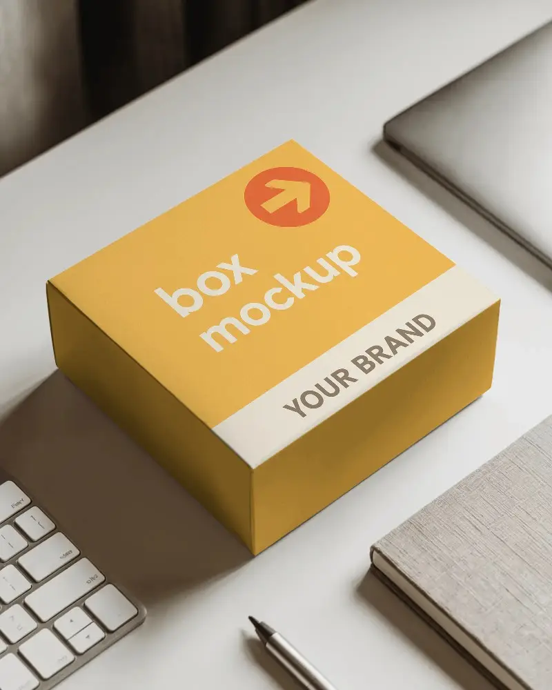 Square Box Mockup On Work Desk With Laptop Keyboard And Notebook Suitable For Office Branding