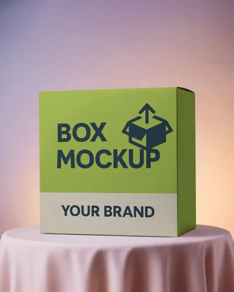 Box Mockup On Round Draped Podium With Purple Orange Gradient Background