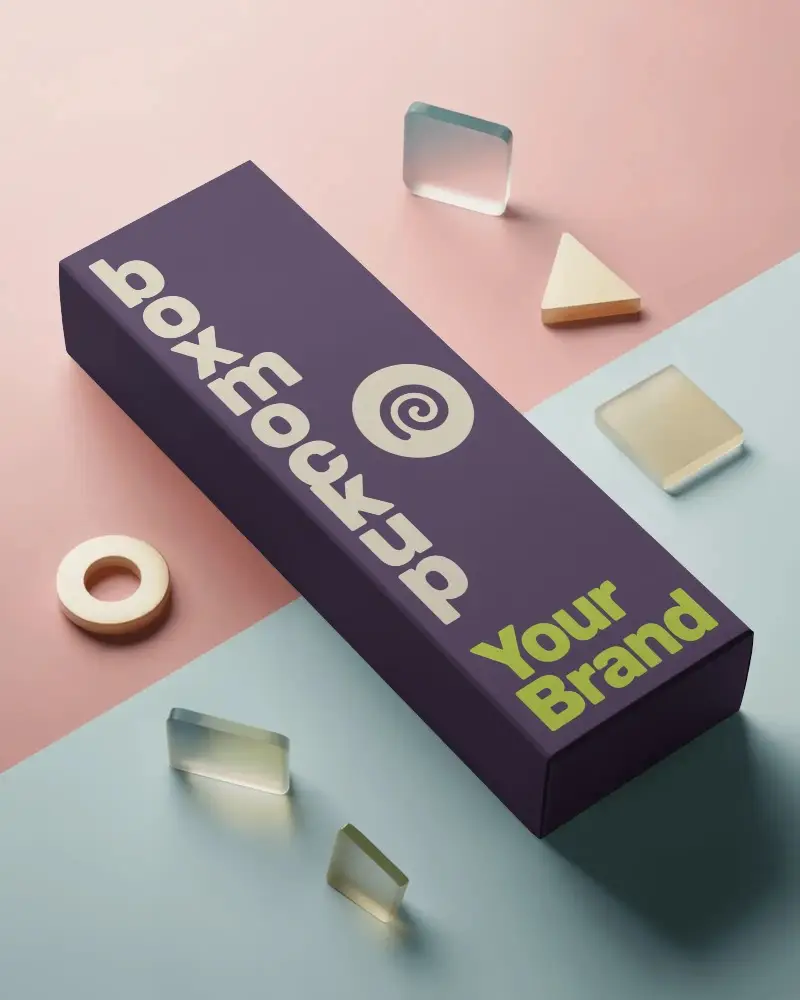 Long Thin Box Mockup Placed Diagonally With Translucent Shapes On Bicolor Creative Floor