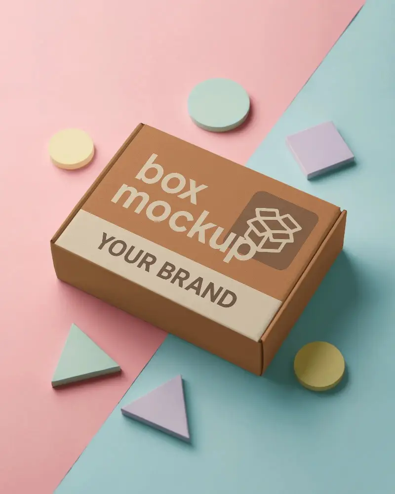 Top Angle Mailer Box Mockup On Pastel Duotone Surface With Colorful Foam Shapes And Minimal Look