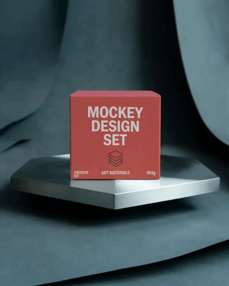 Premium Cubical Box Mockup High Quality Product Packaging On Metallic Platform Background