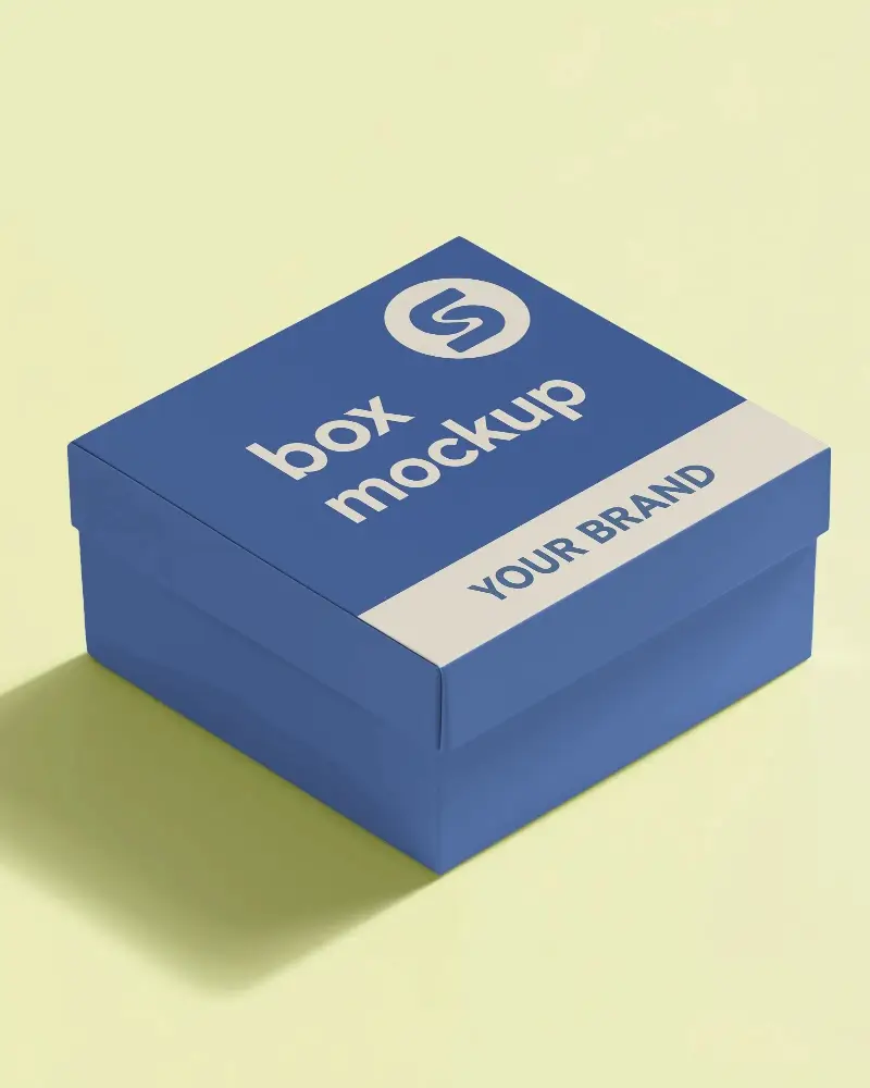 Square Box Mockup On Lemon Yellow Background With Soft Shadow Perspective