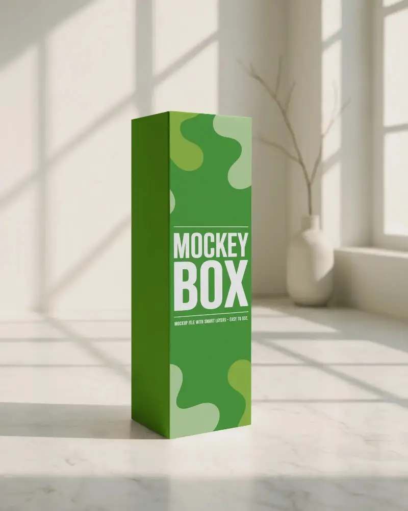 Sunlit Minimal Tall Vertical Box Mockup Marble Floor Vase Decor Soft Shadows Elegant Style