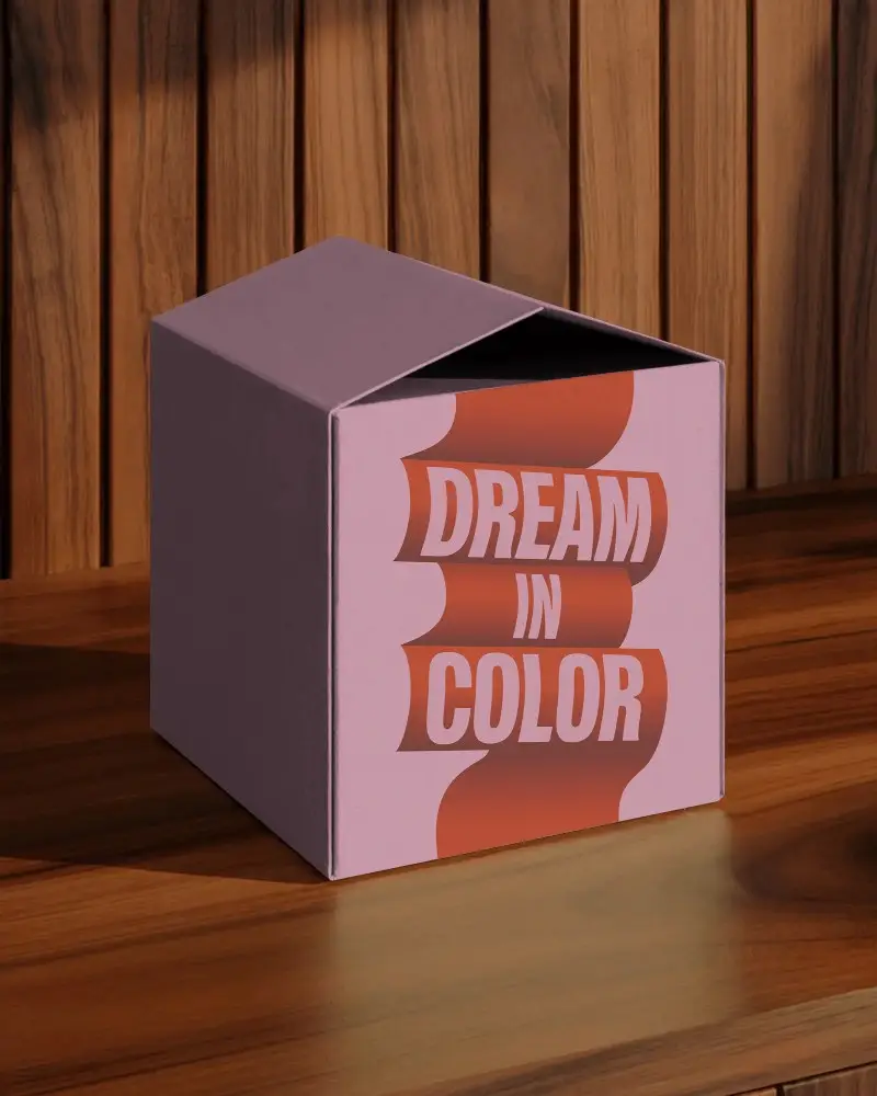 Open Cube Box Mockup Wood Panel Background Soft Light Shadow Modern Unboxing Scene