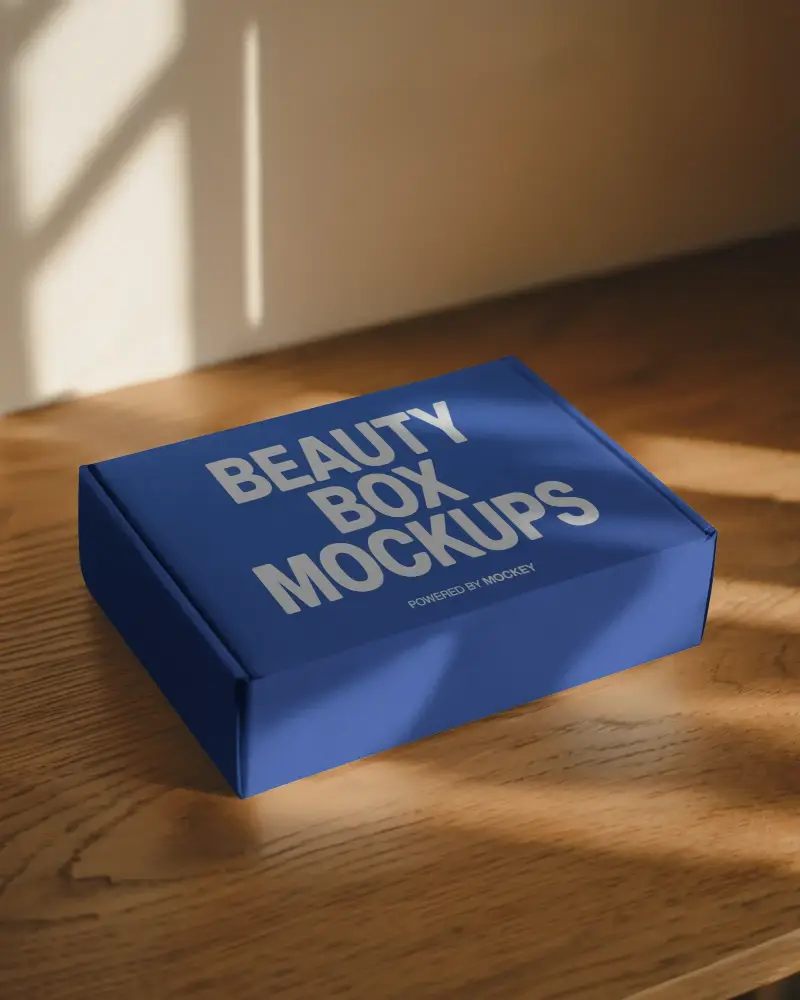Rectangular Packaging Box Mockup On Wooden Table In Natural Sunlight With Shadows