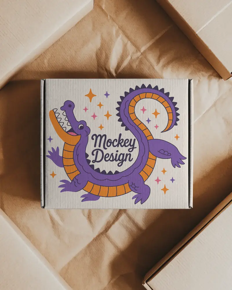 top-view-box-mockup-amidst-paper-packaging-flatlay-scene-rustic-natural-corrugated-material