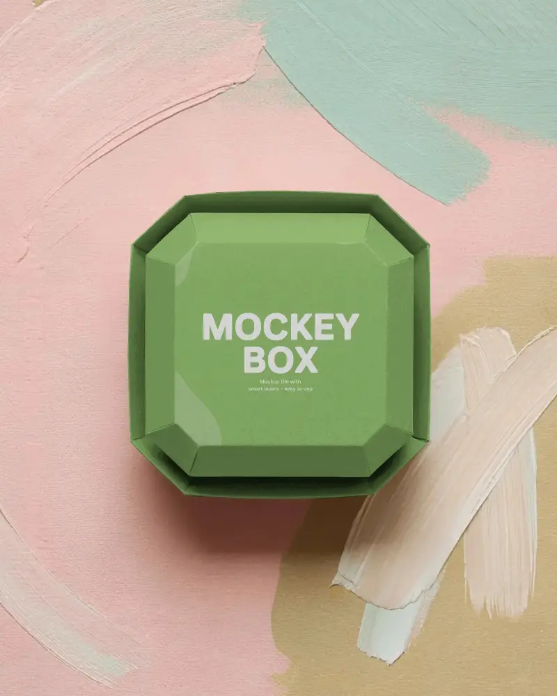 colorful-artistic-background-octagonal-box-mockup-top-view-modern-creative-packaging-display