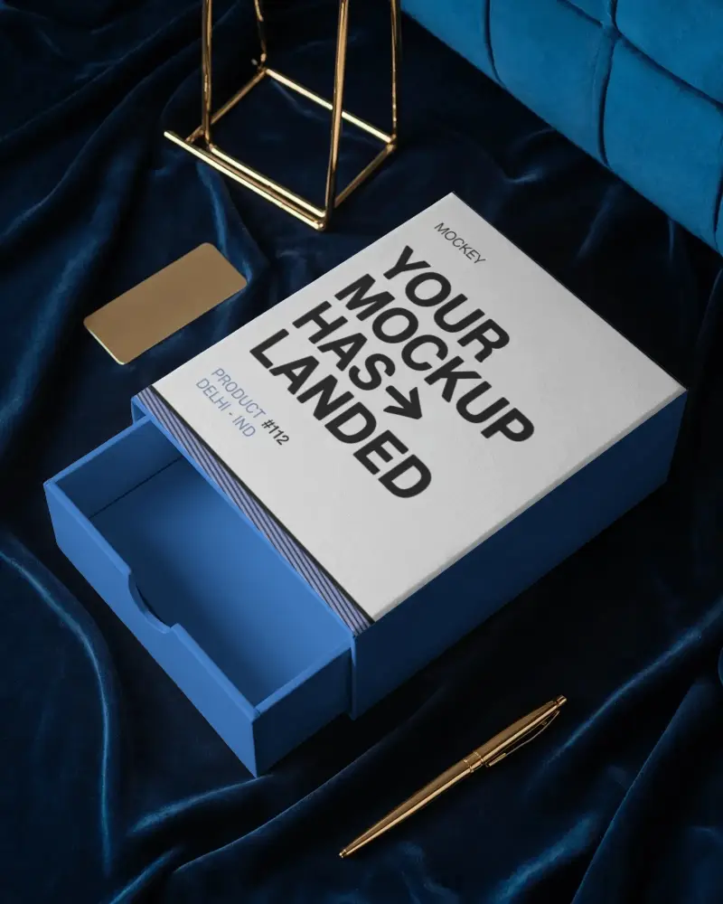 Luxury Drawer Style Box Mockup On Velvet Surface With Golden Pen And Card In Stylish Setting