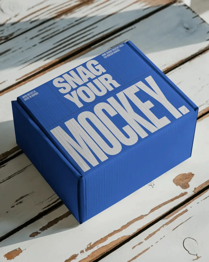 Cardboard Box Mockup On Weathered Wooden Surface With Natural Daylight Shadows