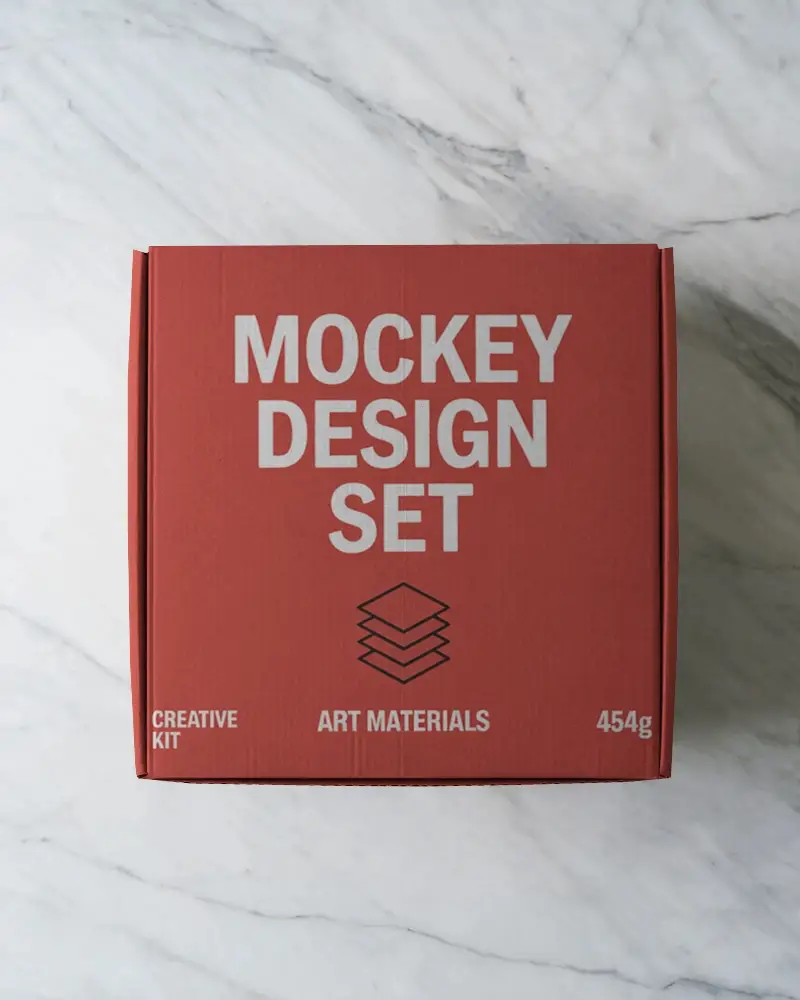 Top View Square Cardboard Box Mockup On Marble Background With Clean Elegant Lighting Style