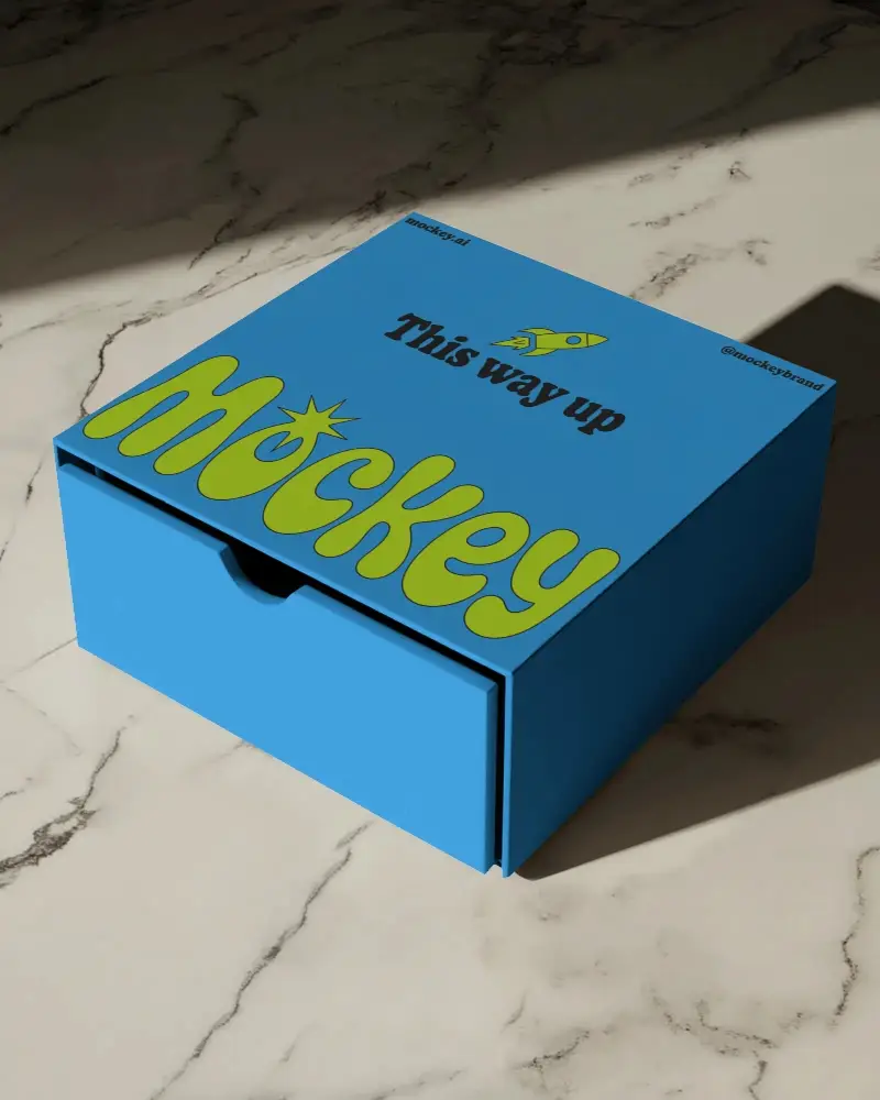 Drawer Style Box Mockup On Marble Floor With Strong Shadows For Premium Packaging Presentation