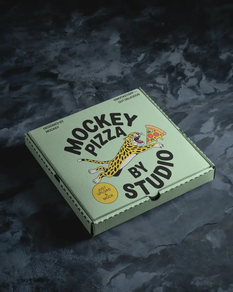 Flat Pizza Box Mockup On Dark Stone Surface With Subtle Lighting For Elegant Minimalist Style