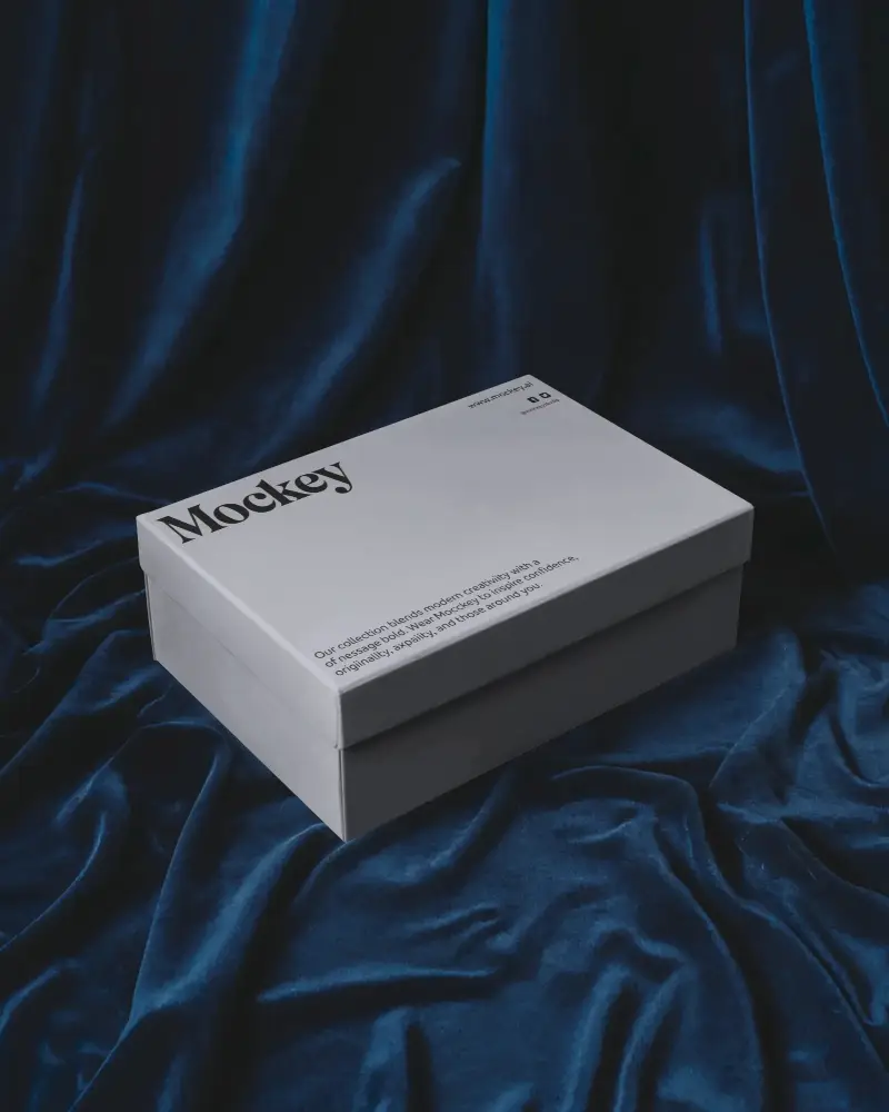 Shoe Box Mockup On Navy Blue Velvet With Dramatic Lighting For Luxury Product Branding