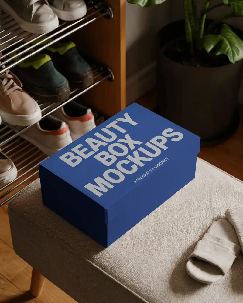 shoebox-style-box-mockup-on-bench-in-entryway-scene-with-sneakers-and-natural-home-setting