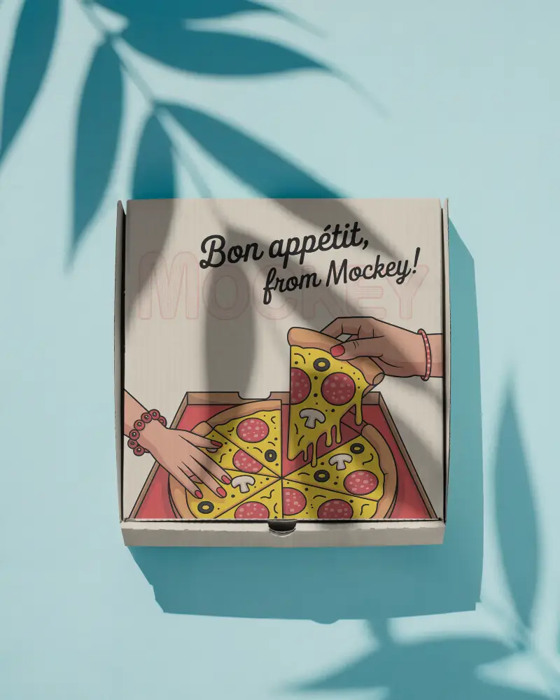 Flat Lay Pizza Box Mockup On Light Blue Surface With Natural Leaf Shadows For Minimal Styling