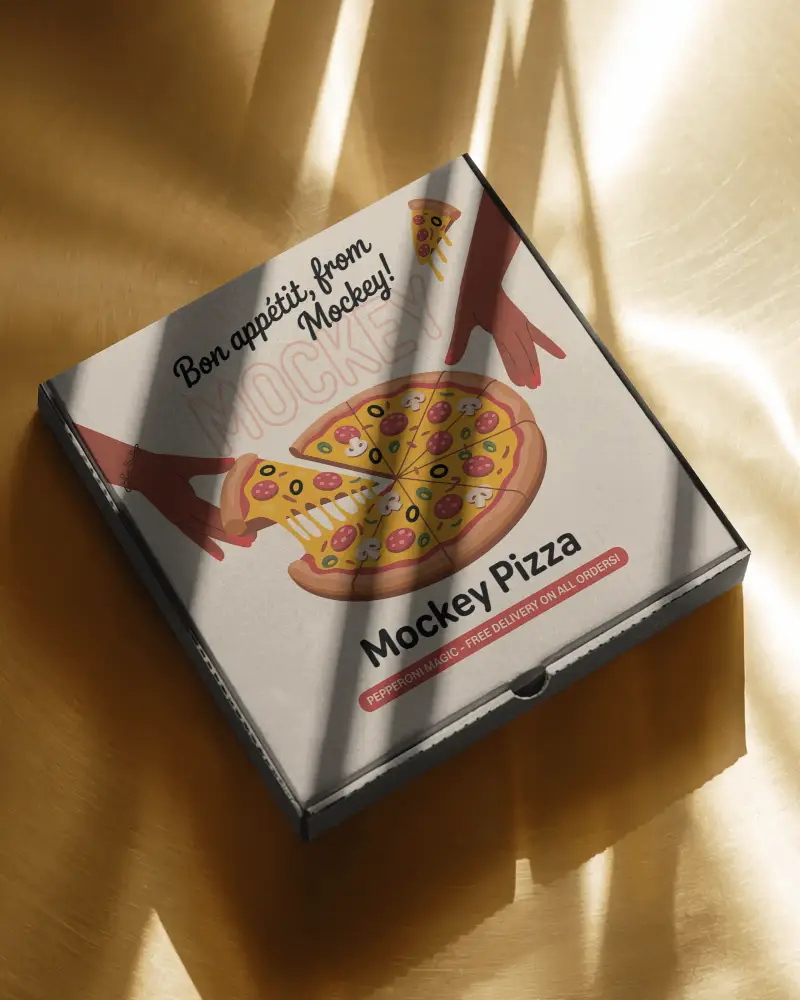 Luxury Pizza Box Mockup On Golden Metallic Surface With Dramatic Striped Light Shadows