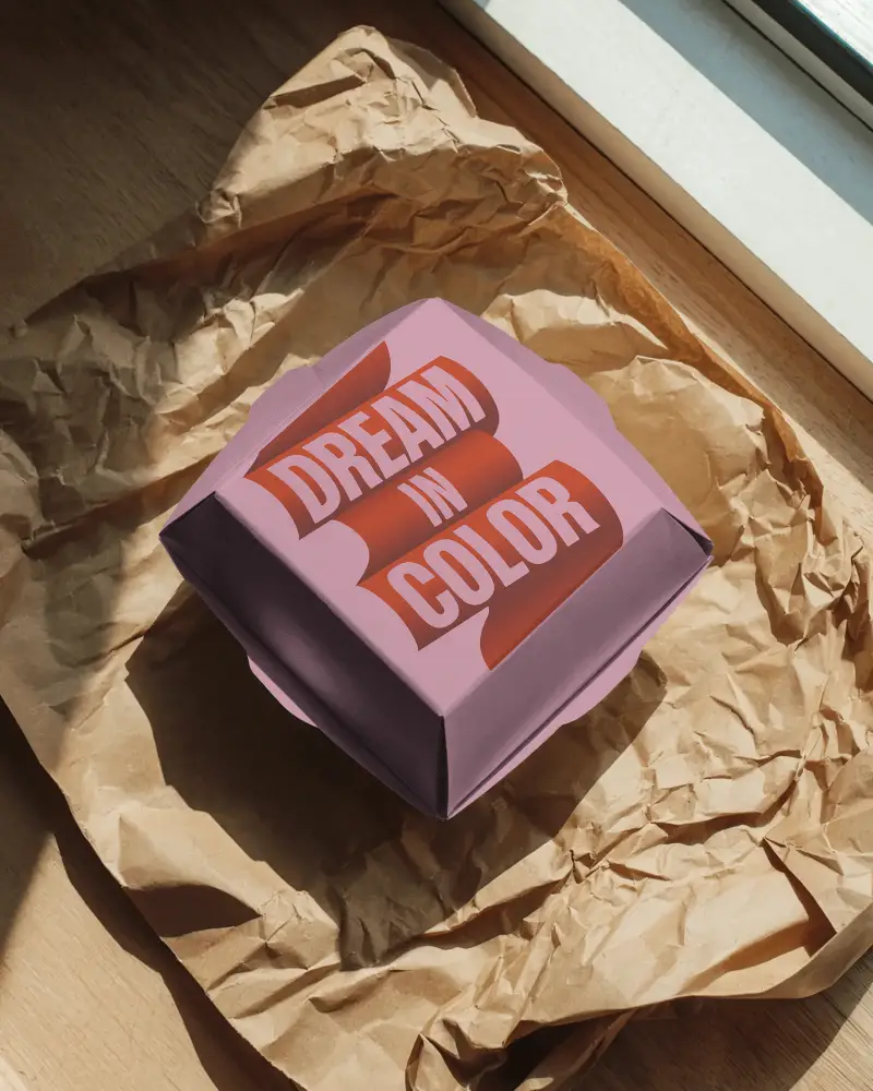 Burger Box Mockup On Crumpled Brown Paper With Natural Sunlight For Organic Branding