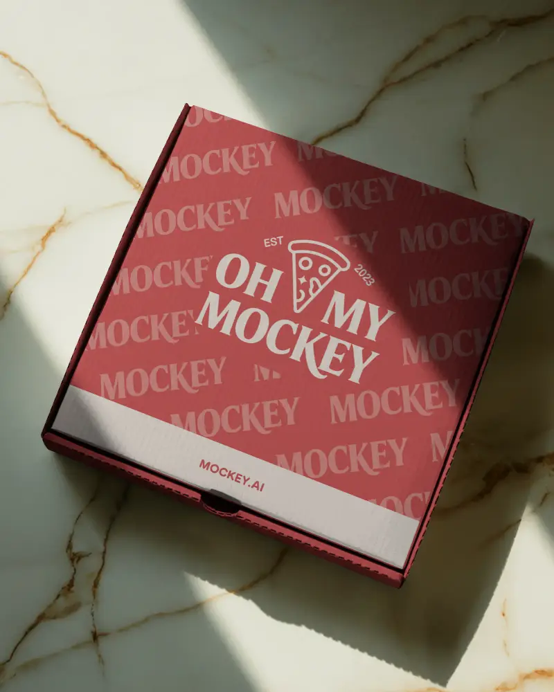 Minimal Square Pizza Box Mockup On White Marble Surface With Sharp Light And Soft Shadows
