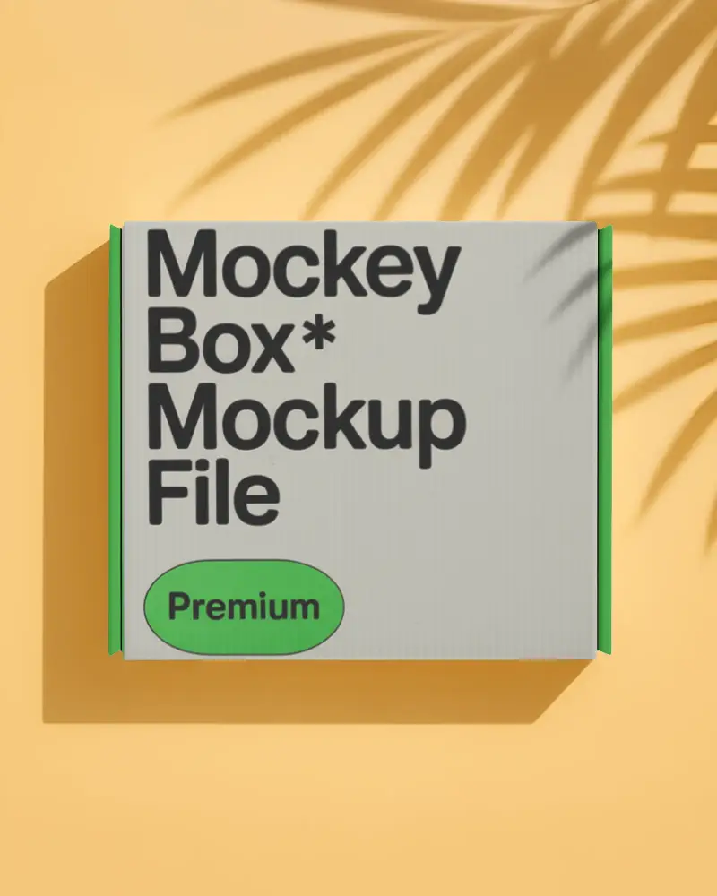 Modern Box Mockup Top View On Yellow Surface With Palm Leaf Shadows For Summer Vibe