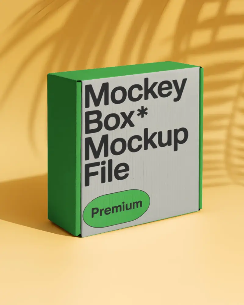 Standing Box Mockup On Yellow Surface With Tropical Leaf Shadows For Creative Packaging